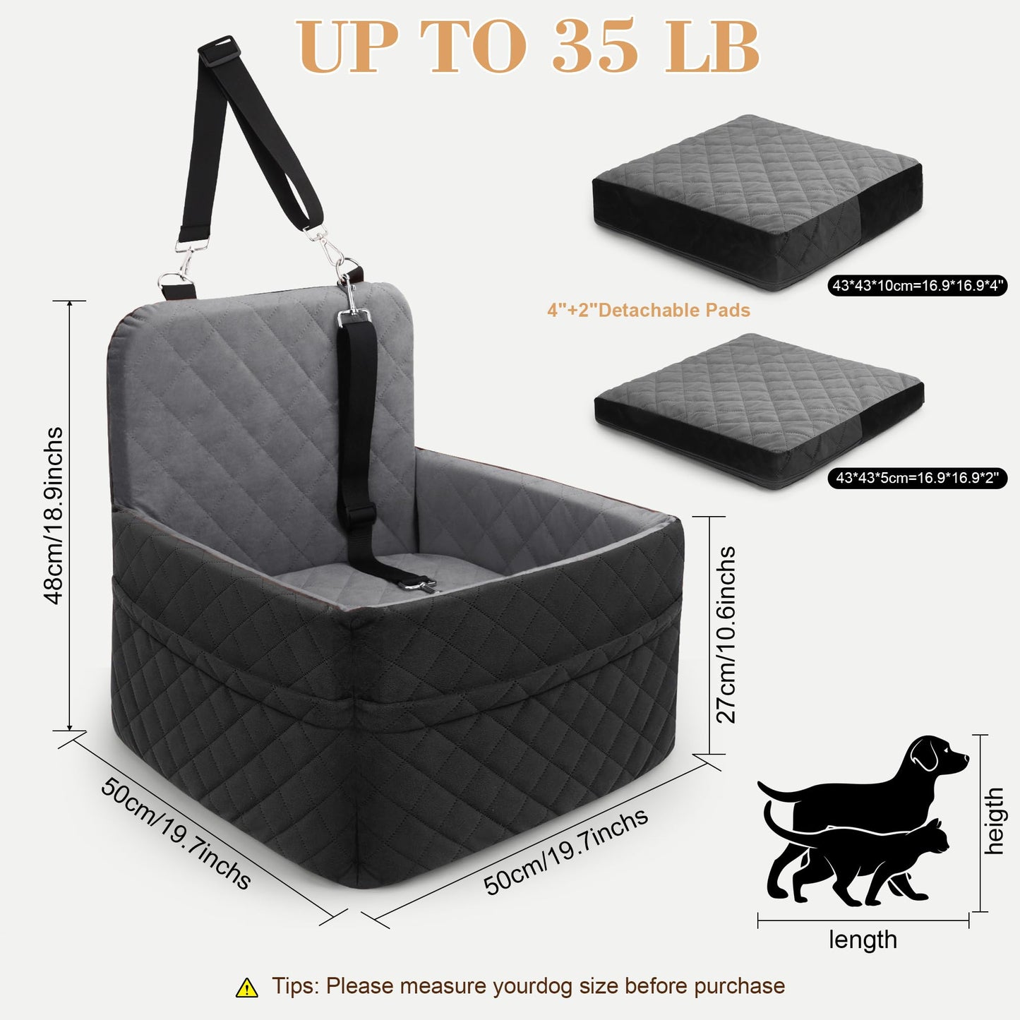 Elevated Dog Booster Seat (15-35 lbs) - Soft 4+2" Pads, Removable Cover, Safety Belt, Storage Pockets