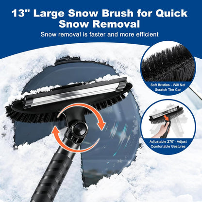 72" Extendable Long Snow Brush with Ice Scraper for Car Truck SUV Van - Soft Squeegee with 270° Pivoting Brush Head for Windshield Window - Snow Scraper & Antifreeze Gloves for Car Winter Accessories