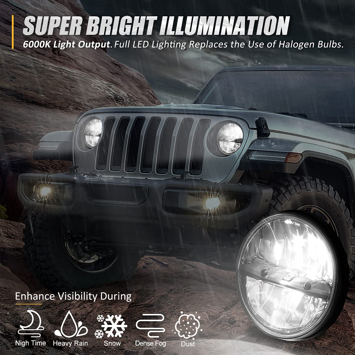 DOT Approved 7" LED Headlights - Compatible with 97-18 Jeep Wrangler (Chrome)