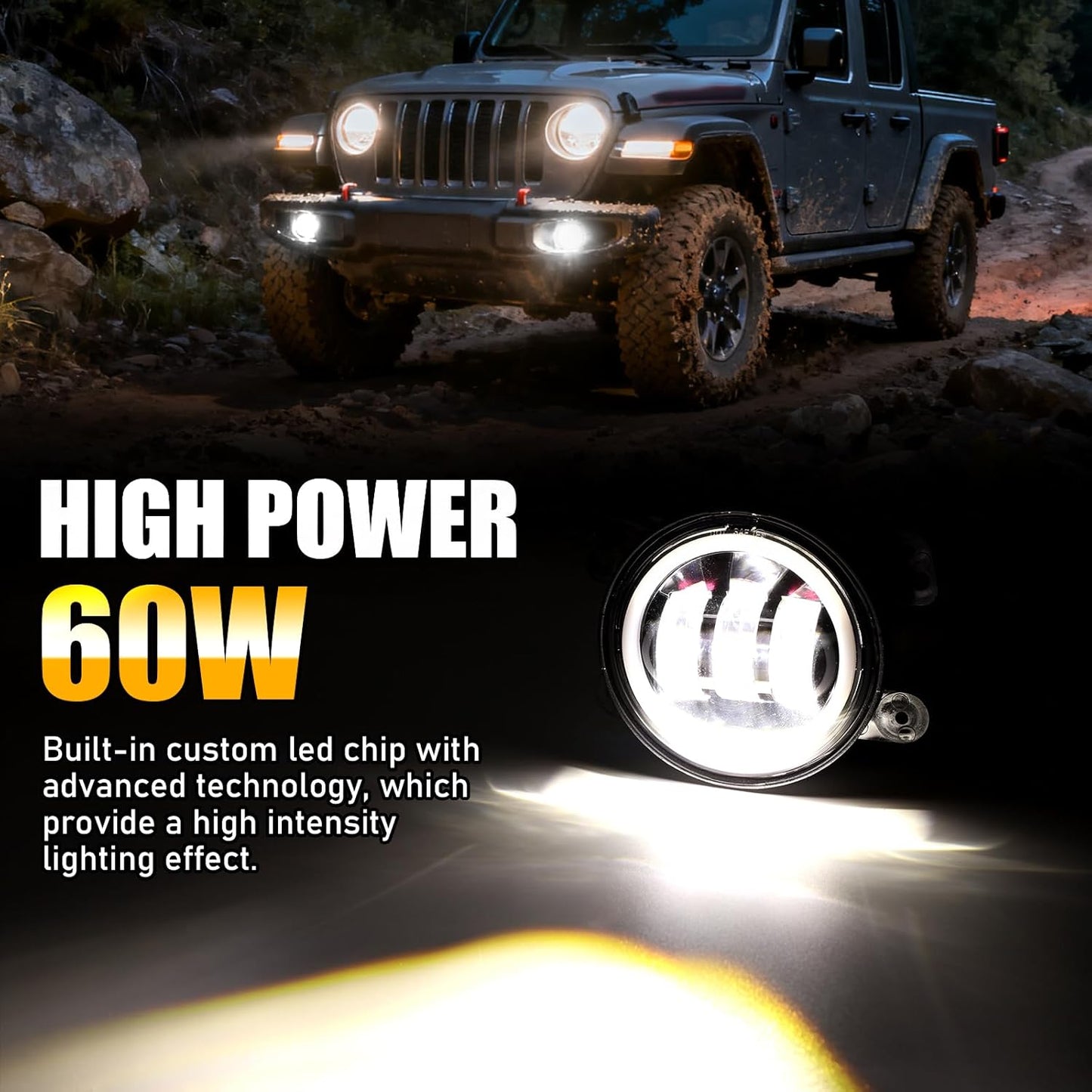 2PCS LED Fog Lights for 2018-2025 Jeep JL & JT - White DRL & Amber Halo, Plug & Play