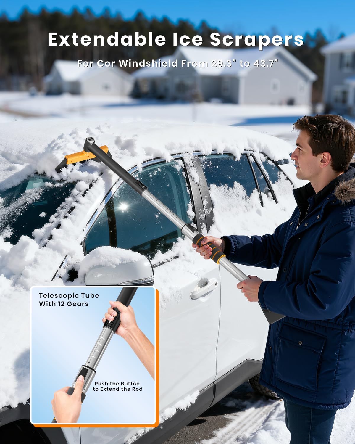 43.7" Extendable Ice Scraper with 360° Pivoting Brush - 12 Length Settings, Orange