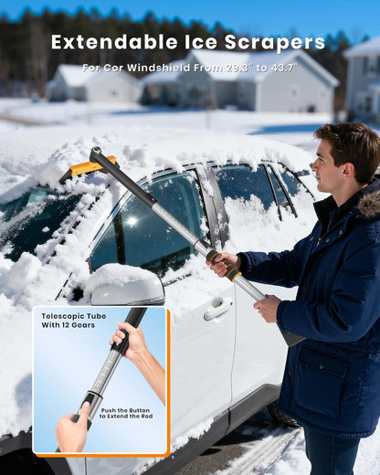 43.7" Extendable Ice Scraper with 360° Pivoting Brush - 12 Length Settings, Orange