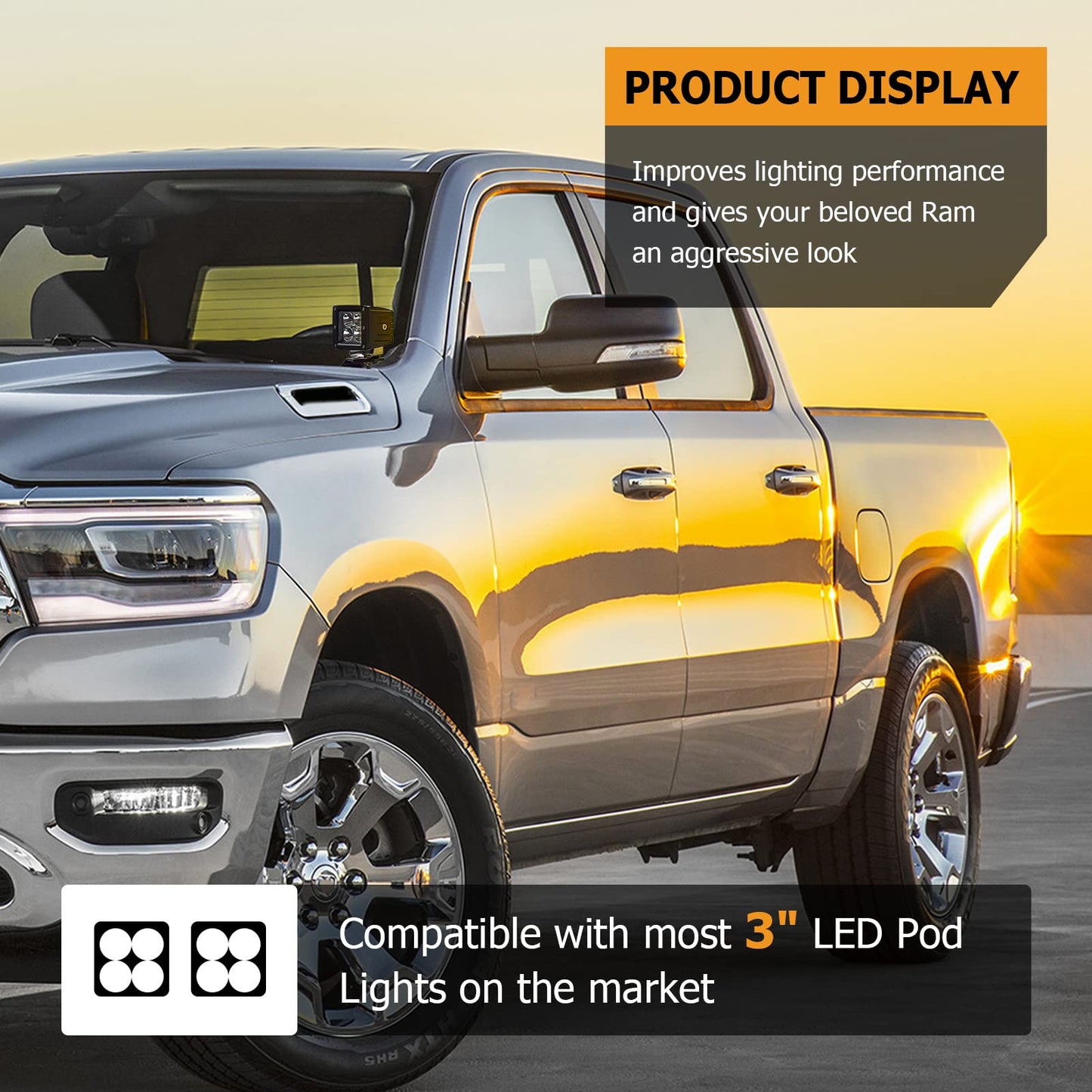 Hood Hinge Ditch Light Mount for 2019-2024 Ram 1500 (Excludes Classic) - Fits 3" Pod Lights