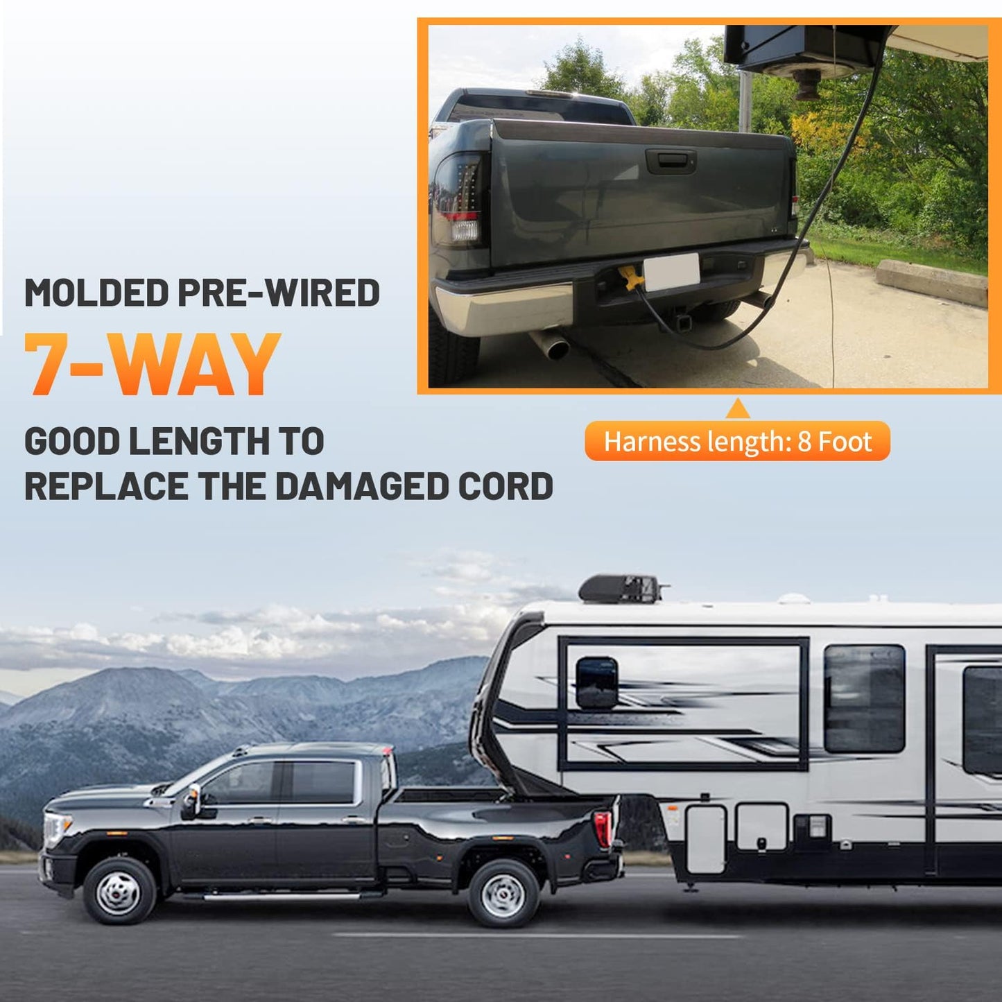 8ft 7-Pin Trailer Plug Cord - Double Prongs, Heavy Duty Pure Copper for RV/Trailer Side Replacement