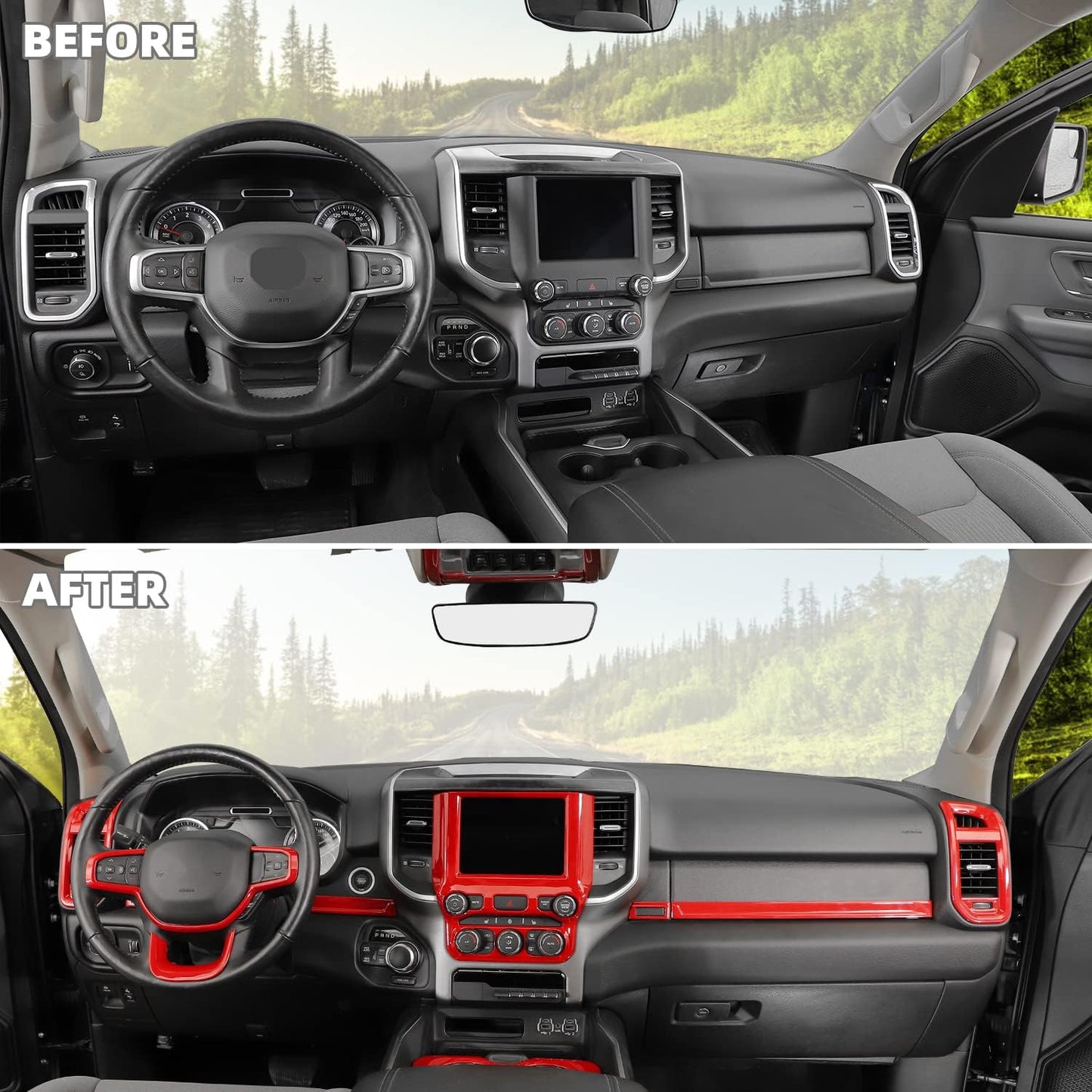 27Pcs Interior Trim Kit Cover Compatible with 2018-2025 Dodge RAM 1500 4-Door,Cup Holder Door Handle Dashboard Panel Roof Reading Light Side Outlet Cover Trim(Red)