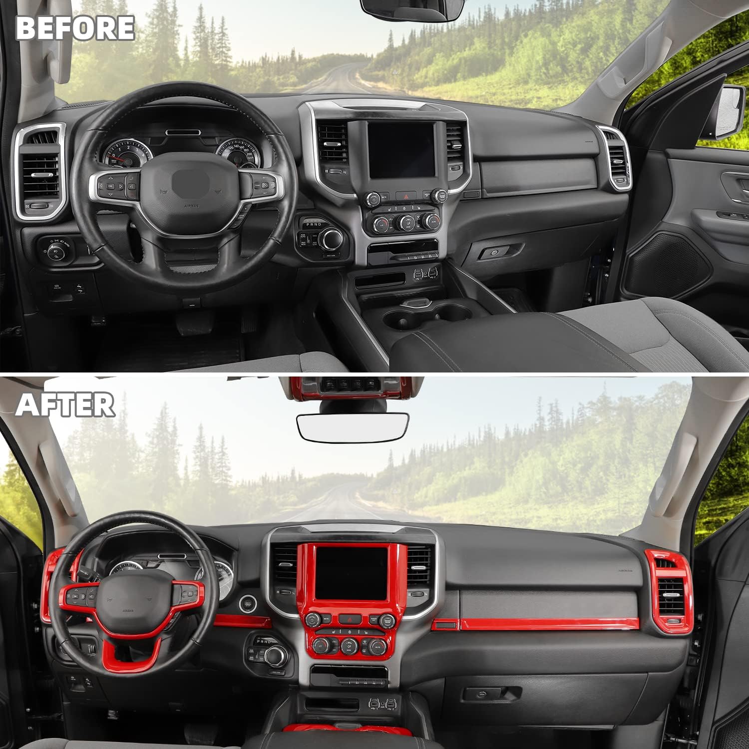 27Pcs Interior Trim Kit Cover Compatible with 2018-2025 Dodge RAM 1500 4-Door,Cup Holder Door Handle Dashboard Panel Roof Reading Light Side Outlet Cover Trim(Red)