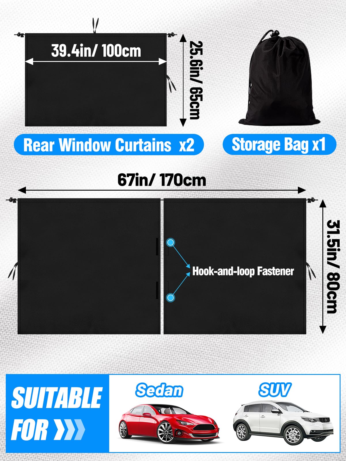3-Piece Car Window Shade Set - 95% Light Block: 1 Divider + 2 Side Covers for SUV/Sedan Travel Camping
