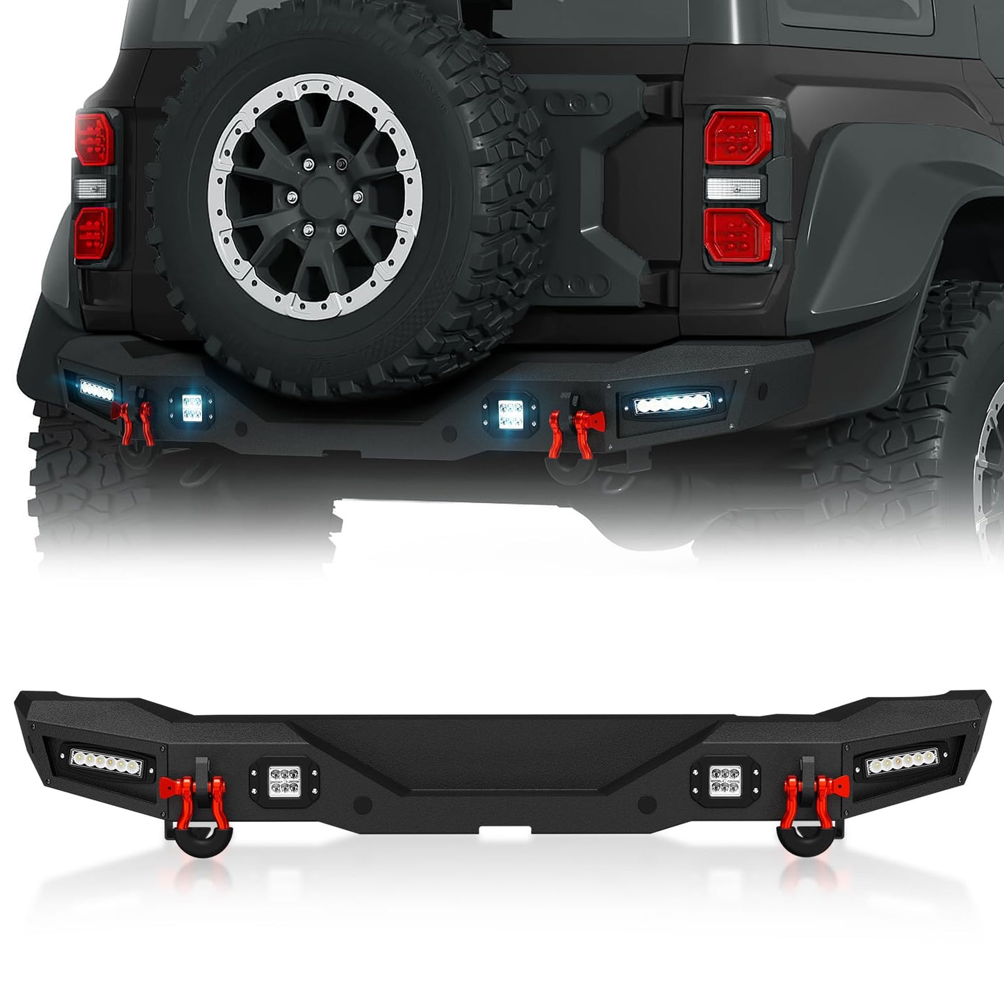 Bronco Rear Bumper with LED Lights, Sensor Holes, D-rings
