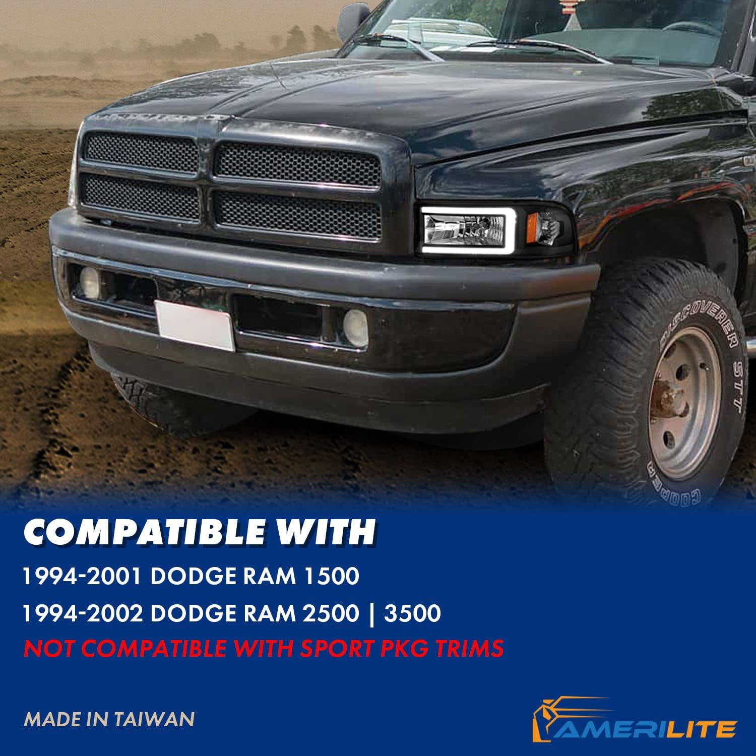 AmeriLite 1994-2001 Dodge Ram 1500 2500 3500 HD C-Type LED Tube Black 1pc Replacement Headlights Set - Passenger and Driver Side