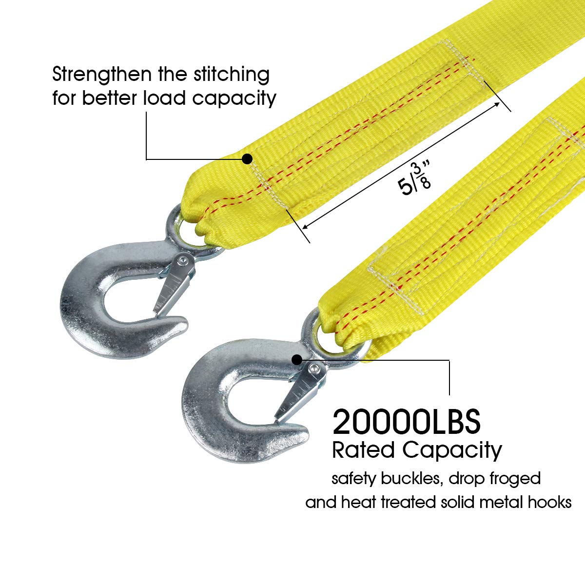 20,000 lb Tow Strap (2"x20') - Heavy Duty Recovery Rope for Jeep/Truck/SUV