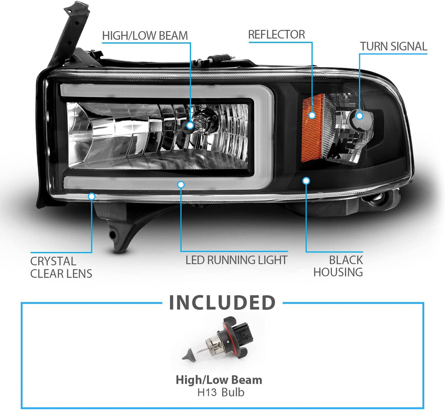AmeriLite 1994-2001 Dodge Ram 1500 2500 3500 HD C-Type LED Tube Black 1pc Replacement Headlights Set - Passenger and Driver Side