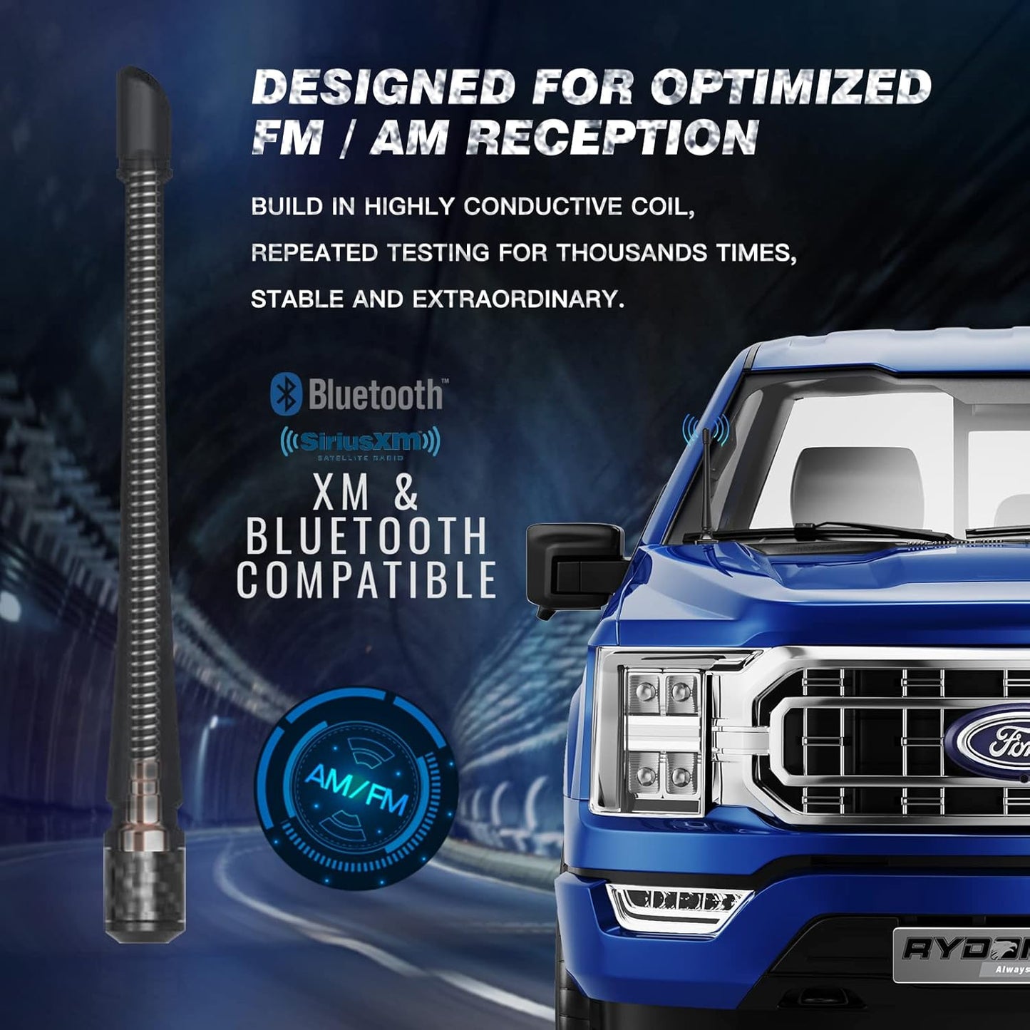 RYDONAIR Short Antenna Compatible with Ford F150 2009-2025 & Ford Bronco 2021-2025, Internal Copper Coil for Enhanced Reception, Car Wash Proof, 7 inches Rubber Antenna Replacement