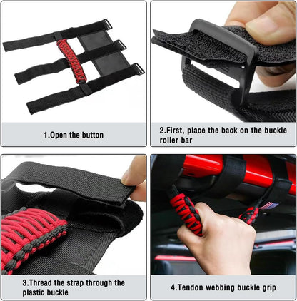 2-PCS Roll Bar Grab Handles - Oxford Cloth & Metal Buckle for Jeep (Red)