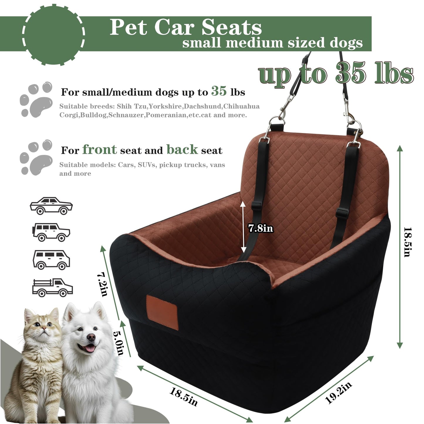 Memory Foam Dog Car Bed with Seat Belt, Non-Slip, Washable