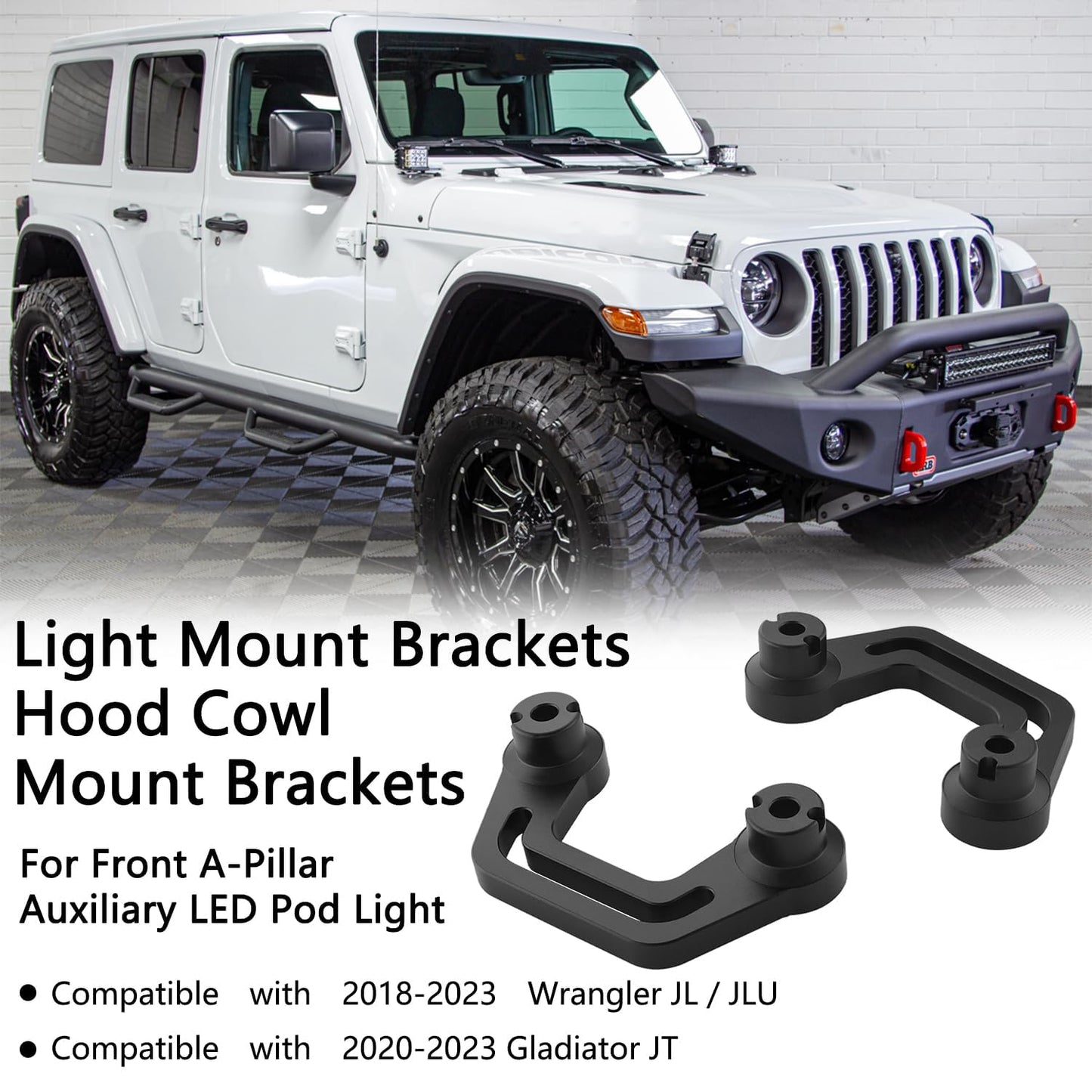 A-Pillar LED Light Mounts for 2018-2023 Jeep Wrangler JL & Gladiator JT (Black)
