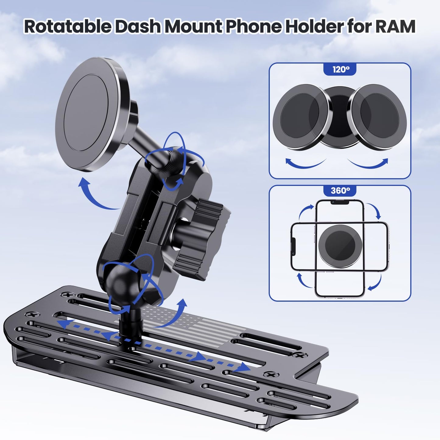 Steel Phone Mount for 2019+ Ram 1500/2500/3500/TRX - Dual Head Magnetic & Clamp, USA Flag Design, OEM Dash Screw Mount