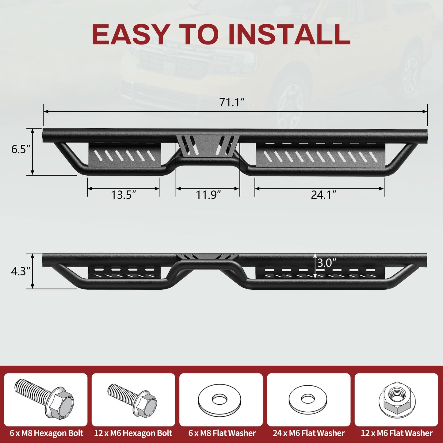Two-Stair Black Running Boards for 2018-2026 Jeep Wrangler JL 4-Door - Nerf Bars