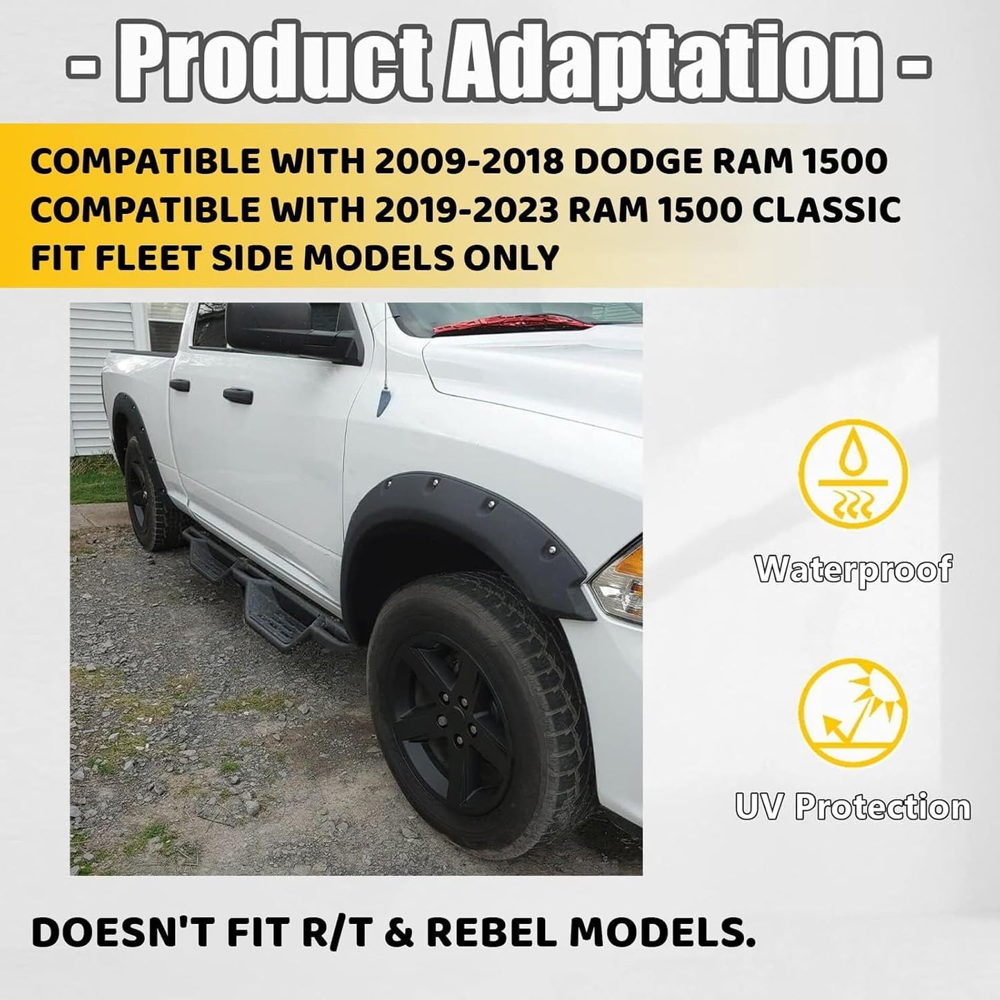 4-PCS Textured Fender Flares for 2009-2023 Ram 1500 Classic (Excl. R/T/Rebel/Warlock) - Pocket Rivet Style