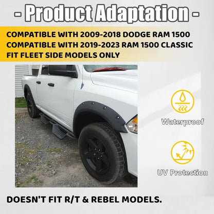 4-PCS Textured Fender Flares for 2009-2023 Ram 1500 Classic (Excl. R/T/Rebel/Warlock) - Pocket Rivet Style