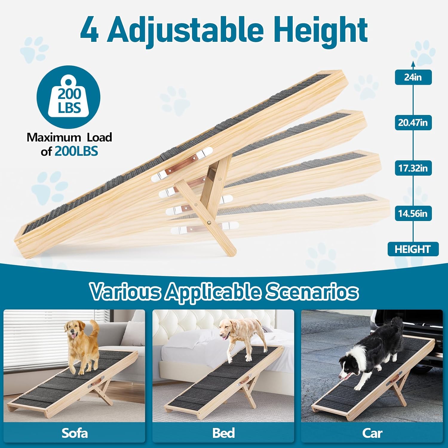 Tresbro Dog Ramp for Bed, 47.24'' Long Pet Ramp with Adjustable 14.56'' to 24'' Height, Portable Dog Ramp Hold up to 200LBS with Anti-Slip Mat & Carrying Handle for Small & Medium Dogs to Get on Couch