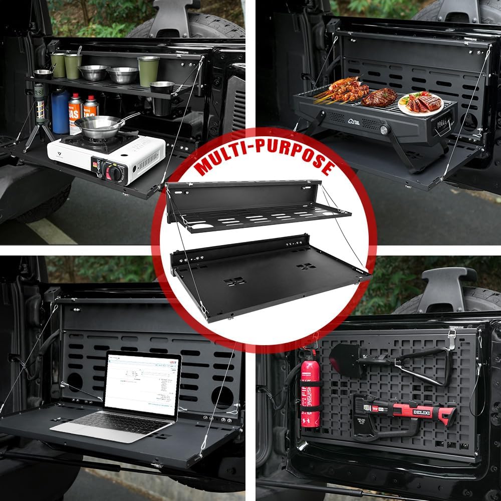 for Ford Bronco 2021-2024 2-Tier Foldable Rear Storage Cargo Rack Shelf Camping Desk Tailgate Table Molle Panel
