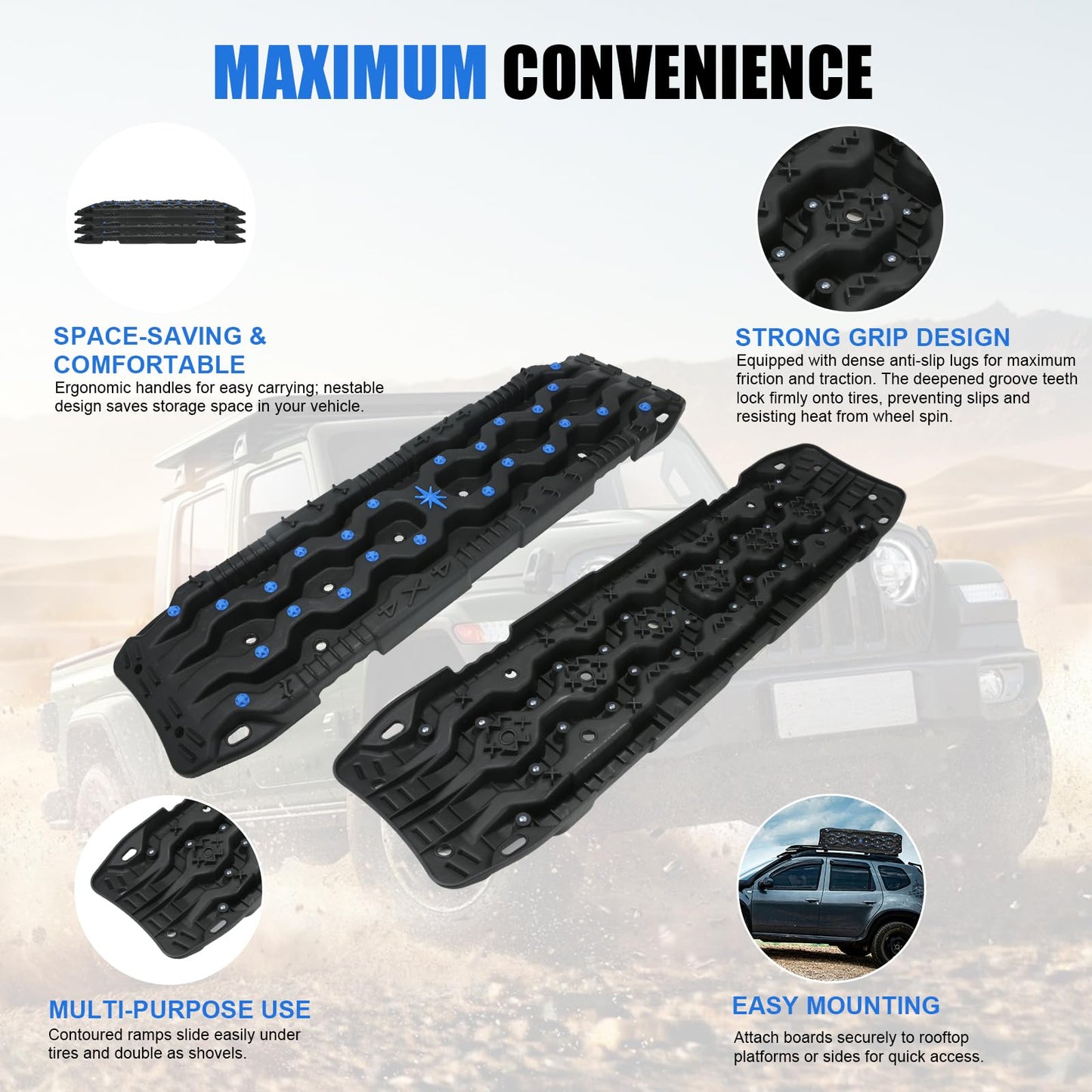 Off-Road Traction Boards with Jack Base - Heavy-Duty Recovery Tracks for 4x4/SUV/Truck (Large)