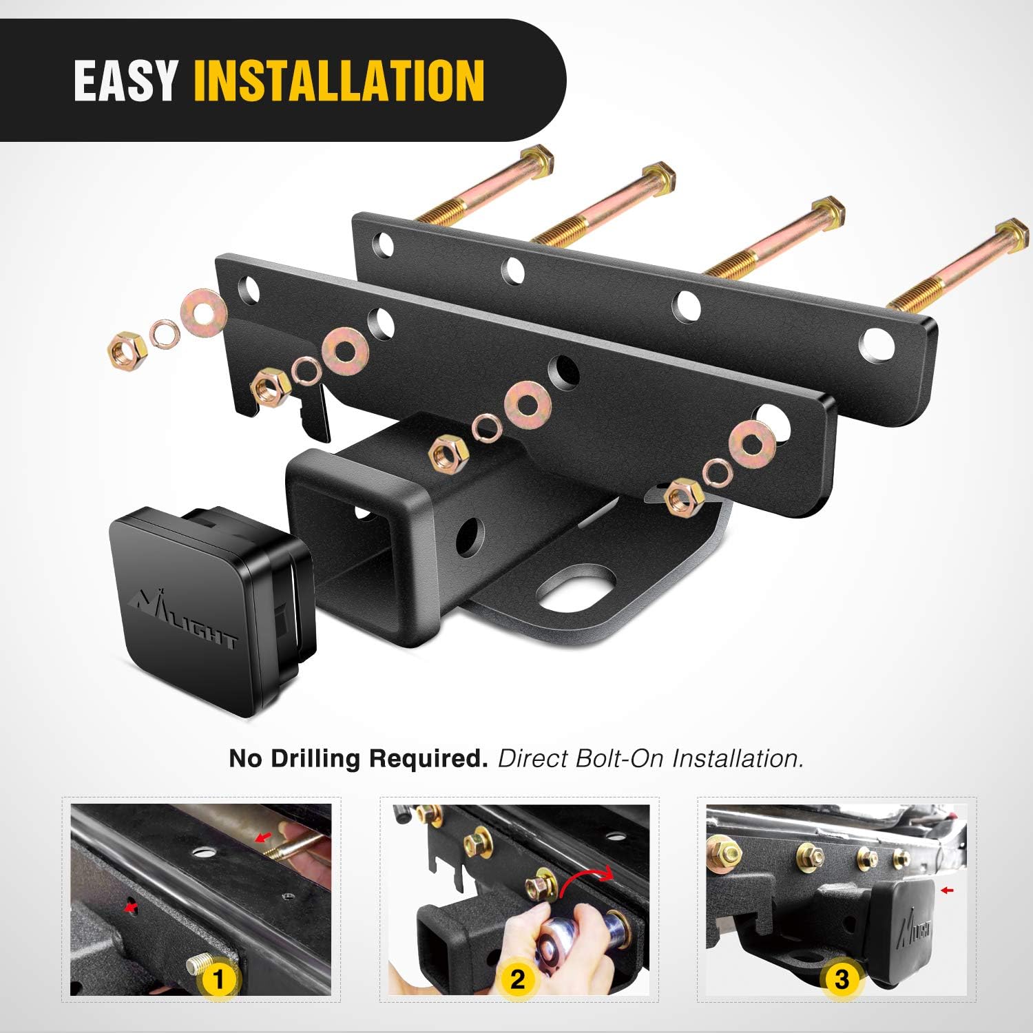 Nilight - JK-61A 2" inch Rear Bumper Tow Trailer Hitch Receiver Kit, Compatible for 2007-2018 Jeep Wrangler JK 4 Door & 2 Unlimited, w/4-Pin Wiring Harness (Exclude JL Models)