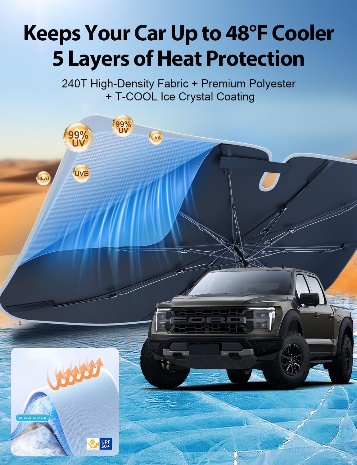 Truck Windshield Umbrella Sun Shade - Ice Crystal Coating, 99.9% UV/Heat Block for F-150/Silverado/Tundra/RAM/Sierra