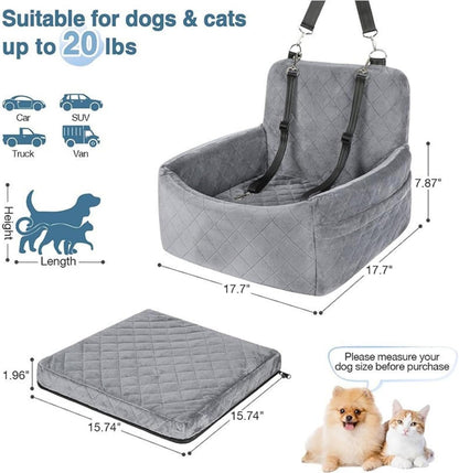 Dog Booster Seat for Small & Medium Dogs Under 30lbs | Detachable Washable Car Seat with Safety Belt & Storage Pockets | Travel Bed for Cars (Black,45 * 45 * 20cm)