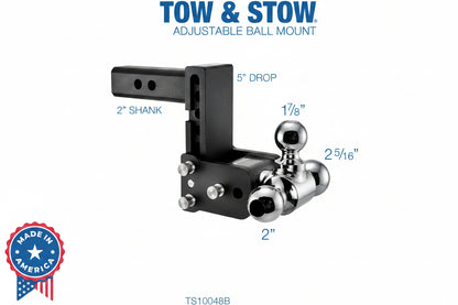 Tow & Stow Adjustable Tri-Ball Mount for 2" Receiver - 5" Drop, 10,000 lb GTW - TS10048B