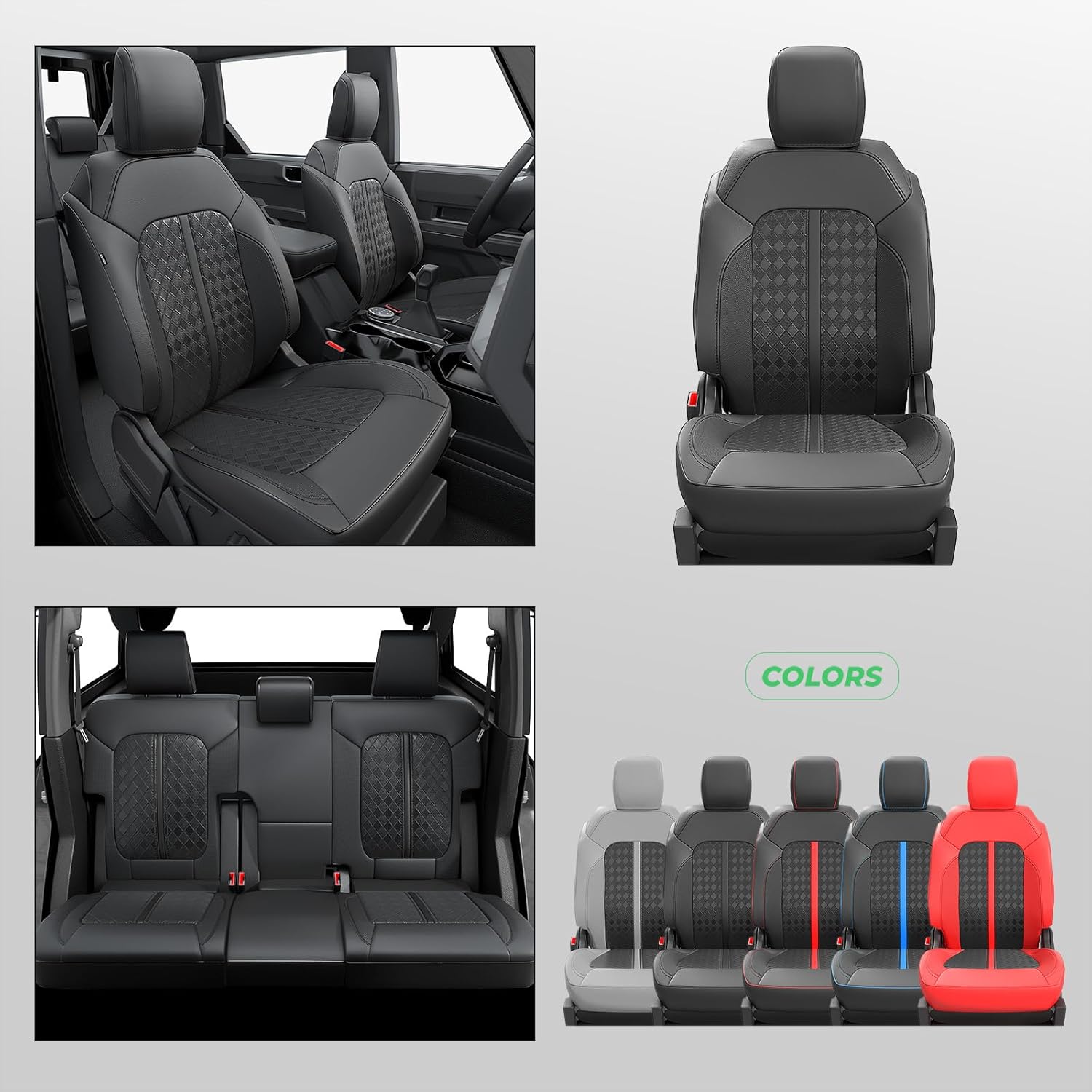 for Ford Bronco Leather Seat Covers 4 Door 2021 2022 2023 2024 2025, Custom Fit Car Seat Cover Full Set, Luxury Waterproof Interior Protectors Accessories, Black (W/O Rear Armrest)