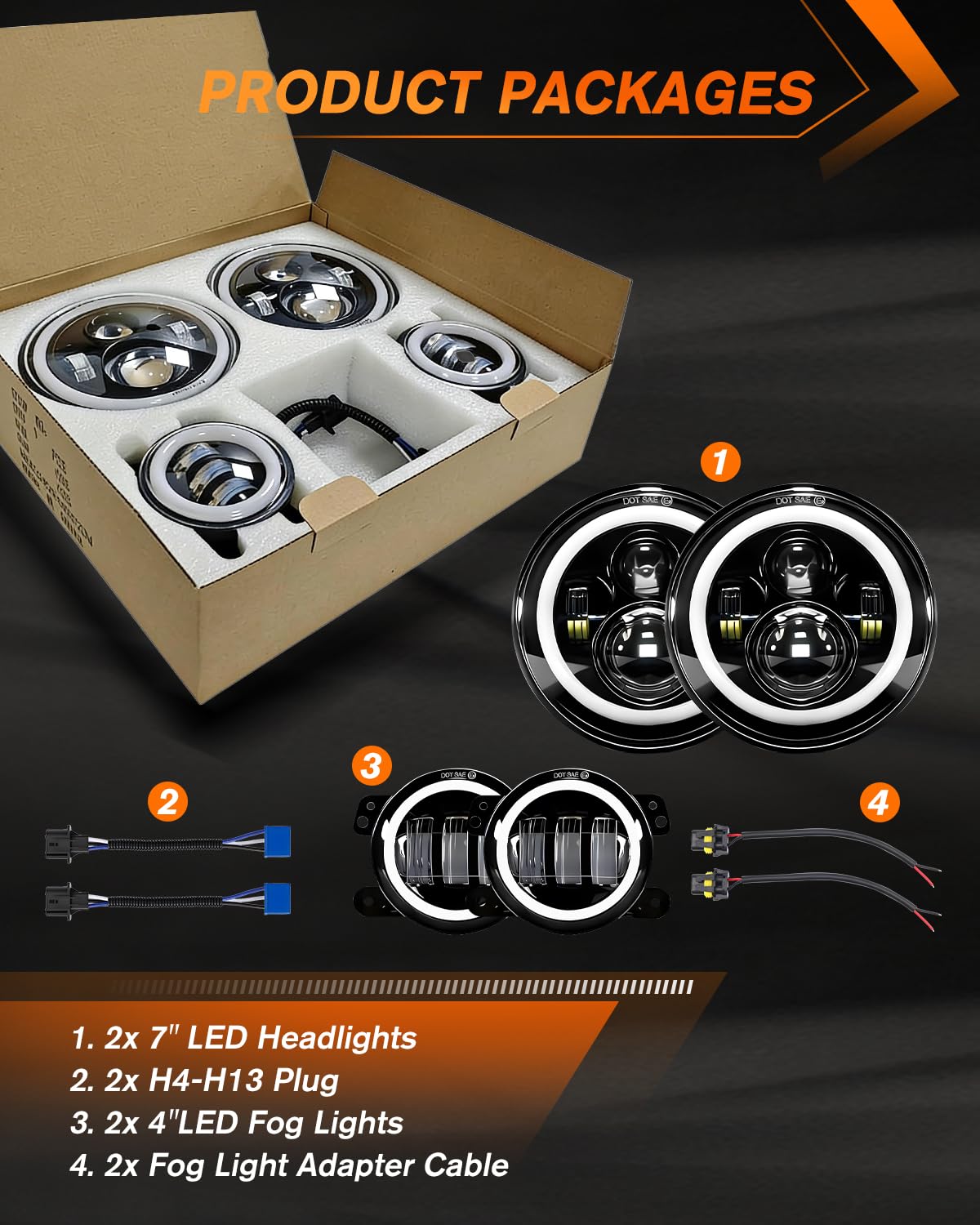 7 Inch Round LED Headlights with Halo & Amber Turn Signal + 4 Inch LED Fog Lights