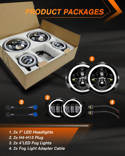 7 Inch Round LED Headlights with Halo & Amber Turn Signal + 4 Inch LED Fog Lights