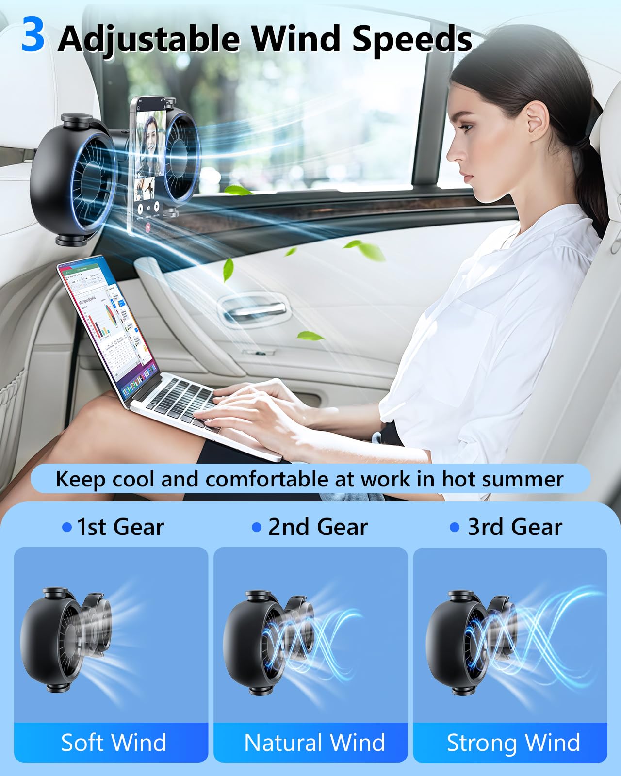 Backseat Car Fan with Magsafe Holder, 3 Speeds, Rechargeable
