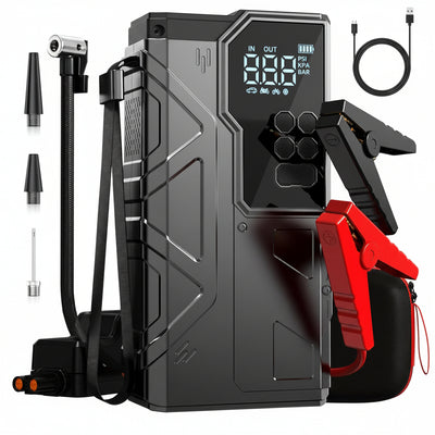 6000A Jump Starter with 150PSI Air Compressor - 80.66Wh for All Gas/10.0L Diesel, LED/Cables