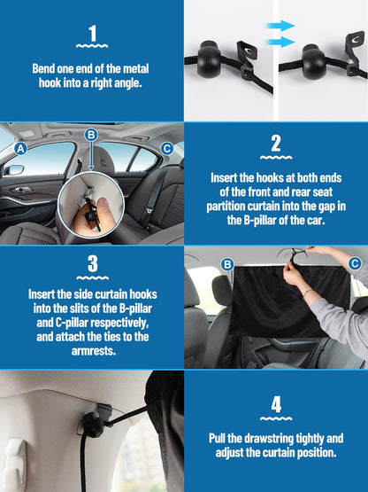 3-Piece Car Window Shade Set - 95% Light Block: 1 Divider + 2 Side Covers for SUV/Sedan Travel Camping