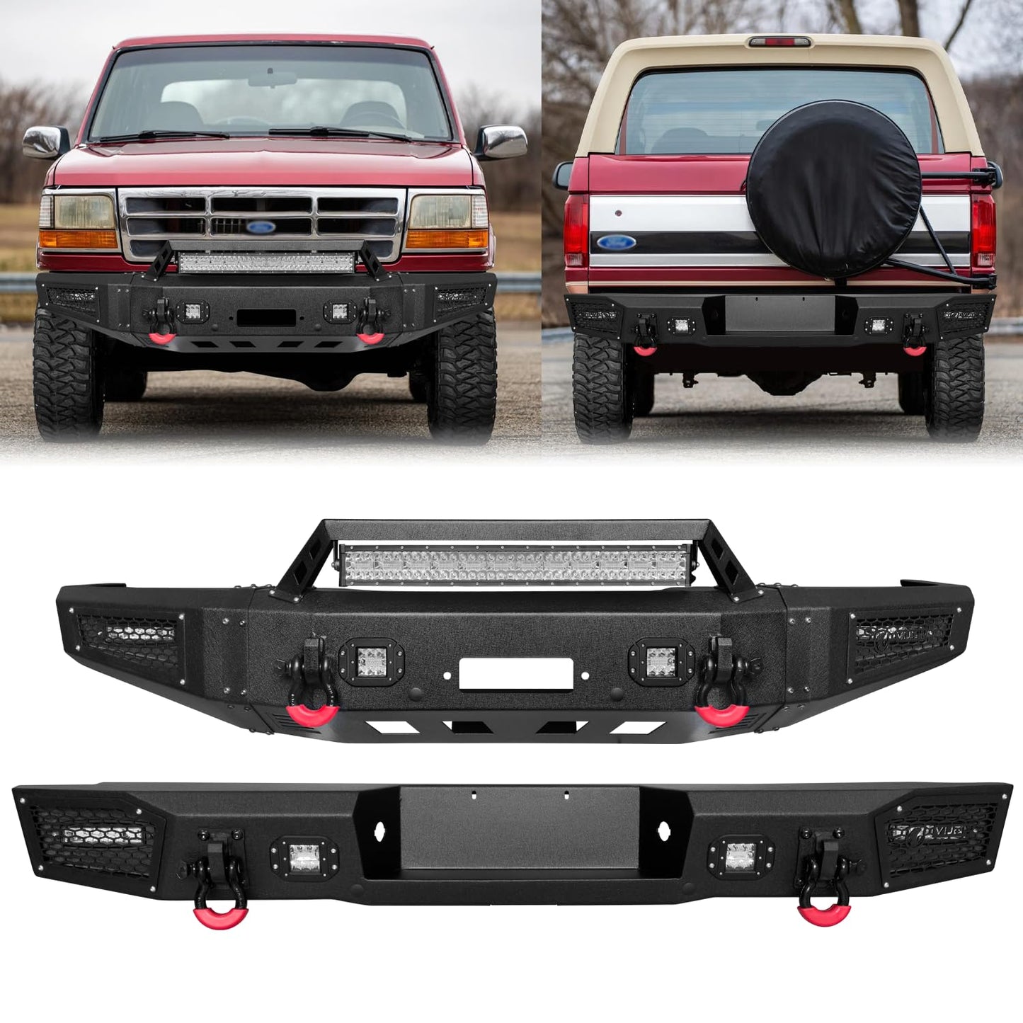 Bronco Front Rear Bumper with Winch Plate & LED Lights