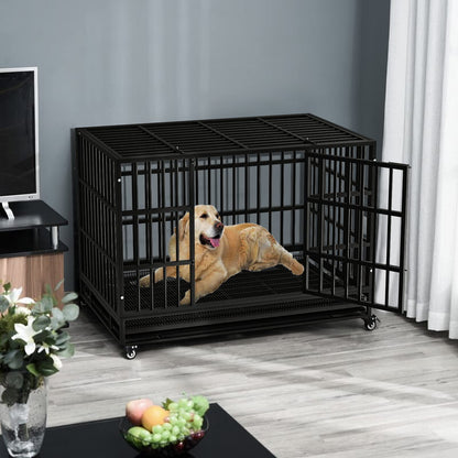 Escape Proof Dog Cage Kennel with Lockable Wheels with Removable Tray