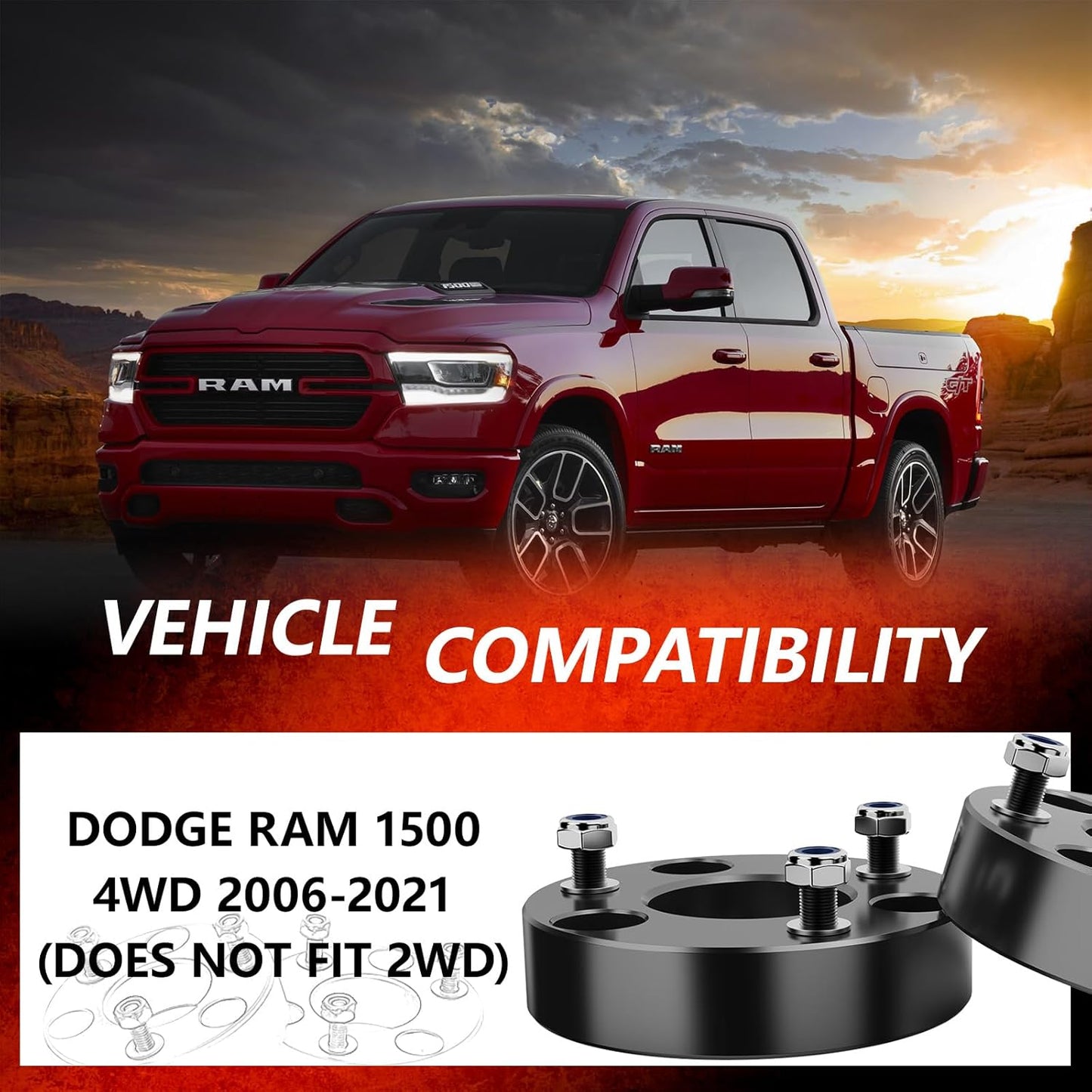 2" Front Leveling Lift kit for Dodge Ram 1500 2006-2024 4WD, Lifronkit Raise 2 Inch Front Strut Spacers Compatible with Dodge Ram Suspension Lift Kits 2006-2023 Black Anodized(new version)