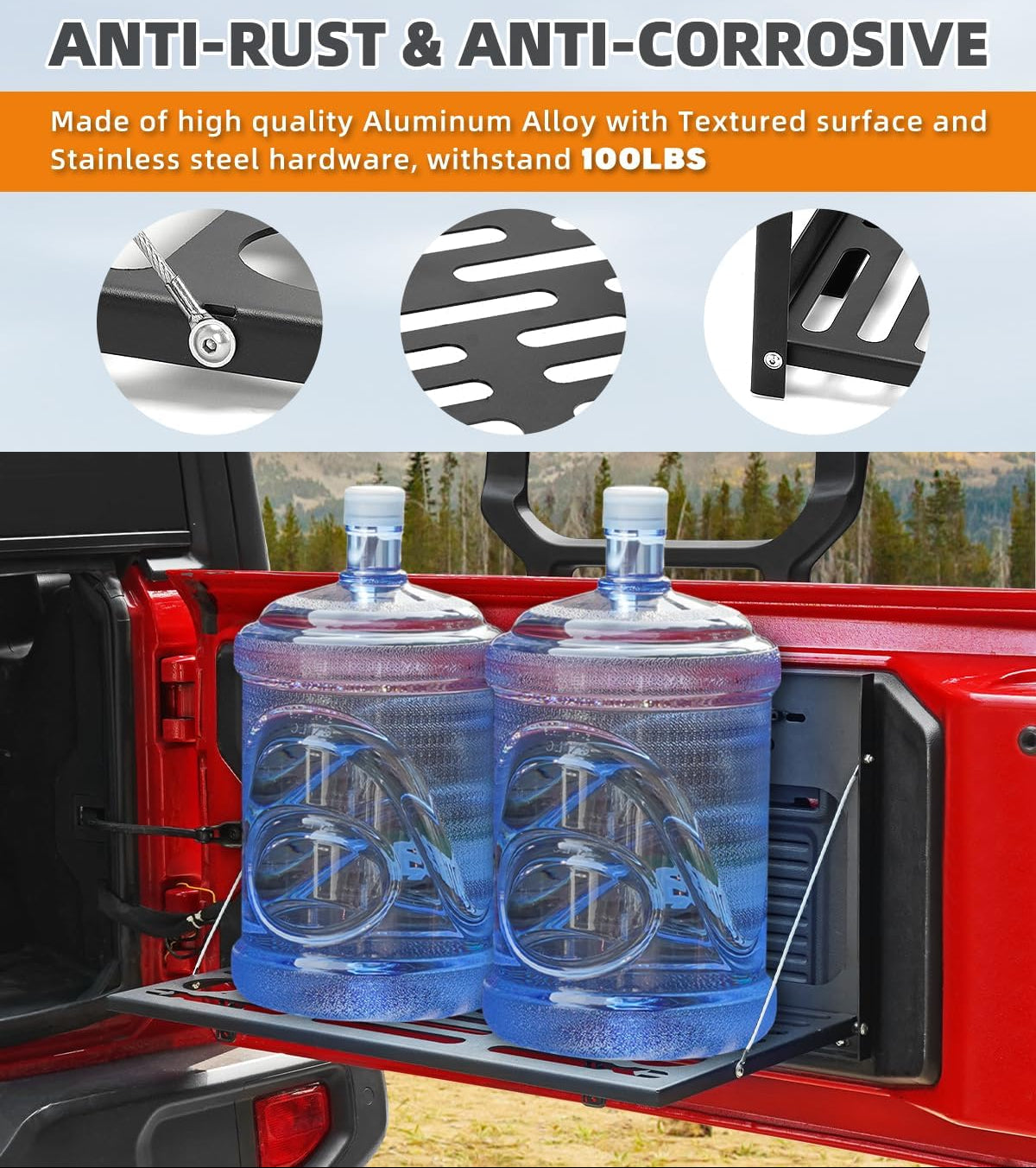 Black Stainless Steel Foldable Tailgate Table for 2007-2025 Jeep Wrangler - Supports 75 lb