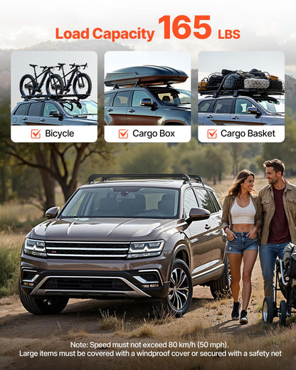 Universal Roof Rack Cross Bars for Naked Roofs - 165 lb Capacity, Lockable Aluminum