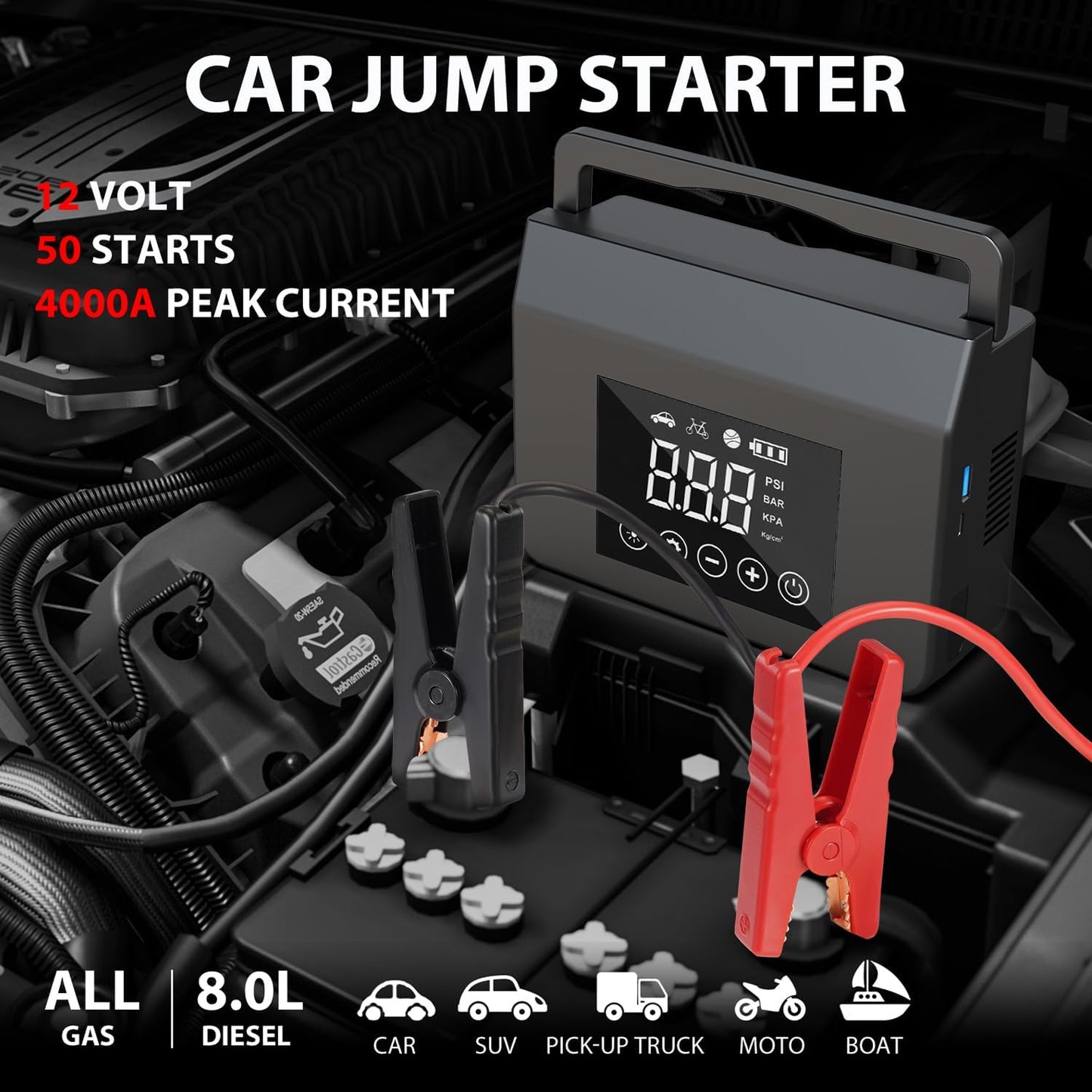 4000A Jump Starter & 150PSI Air Compressor - 15000mAh Power Bank for All Gas/8.0L Diesel, Type-C