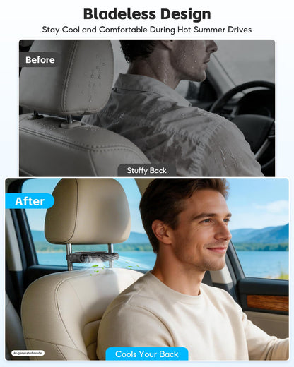 USB Car Seat Cooling Fan for Front & Backseat, Bladeless, 3-Speed