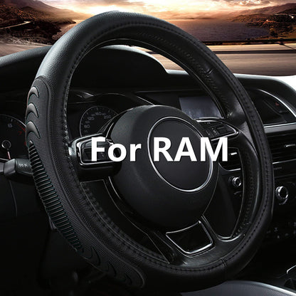Leather Steering Wheel Cover for 15.5"-16" Dodge Ram 1500/2500/3500 - Anti-Slip Massage Grip (Black)