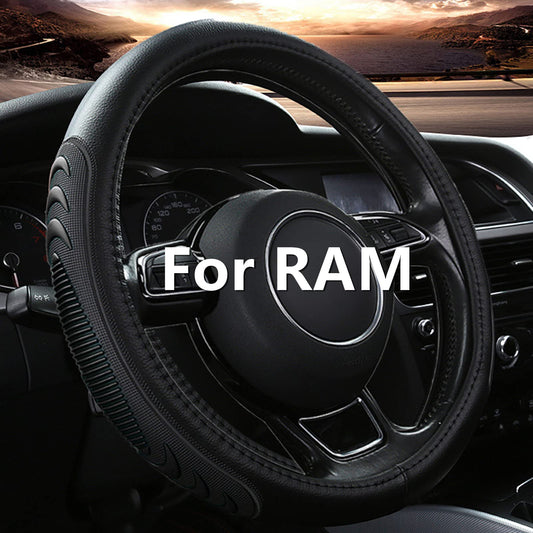 Leather Steering Wheel Cover for 15.5"-16" Dodge Ram 1500/2500/3500 - Anti-Slip Massage Grip (Black)