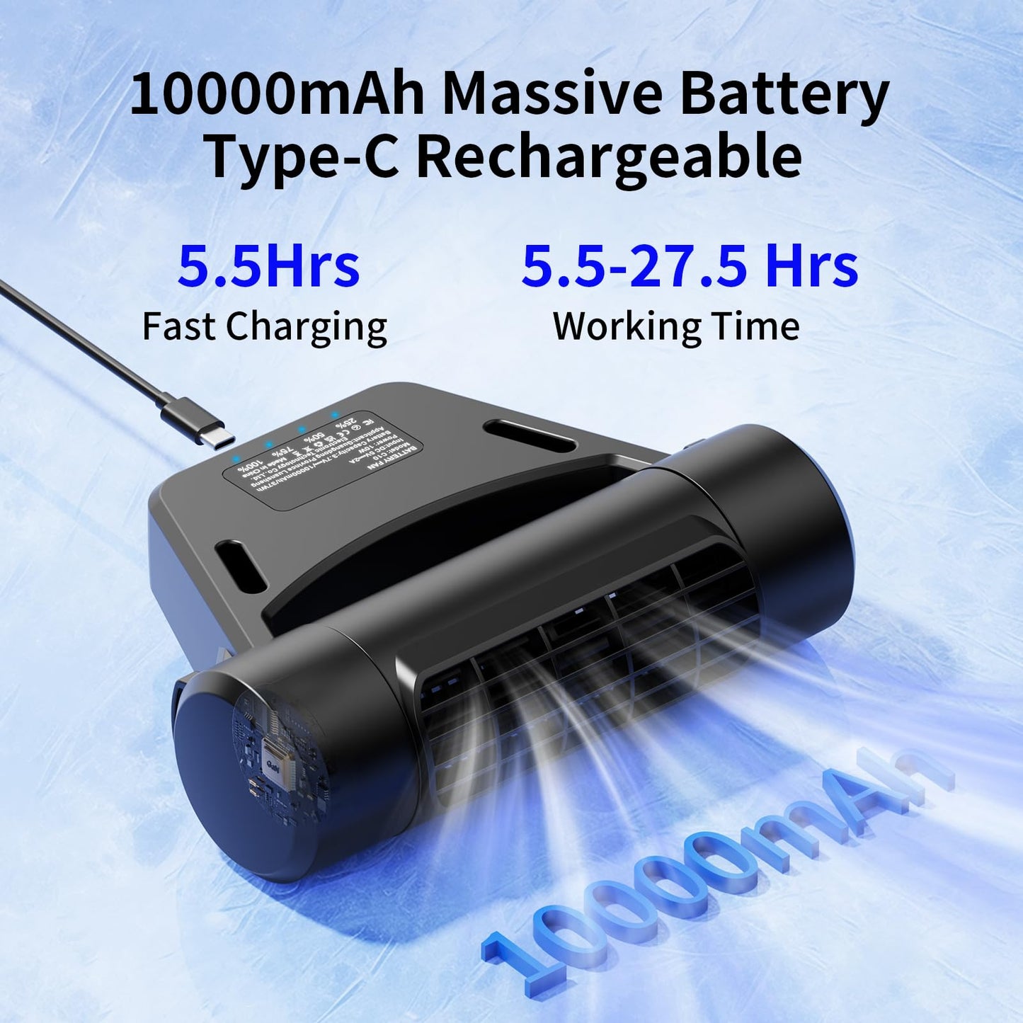 Portable 10000mAh Car Fan, 4-Speed Rechargeable for Backseat Cooling