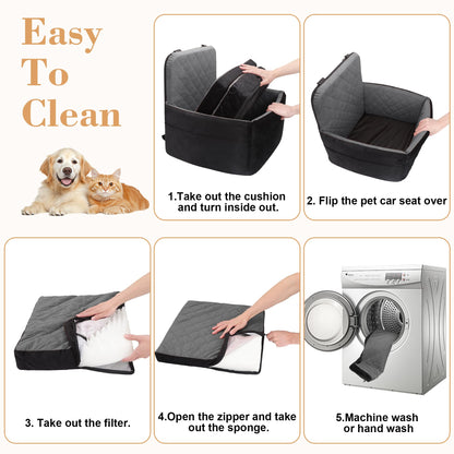 Elevated Dog Booster Seat (15-35 lbs) - Soft 4+2" Pads, Removable Cover, Safety Belt, Storage Pockets