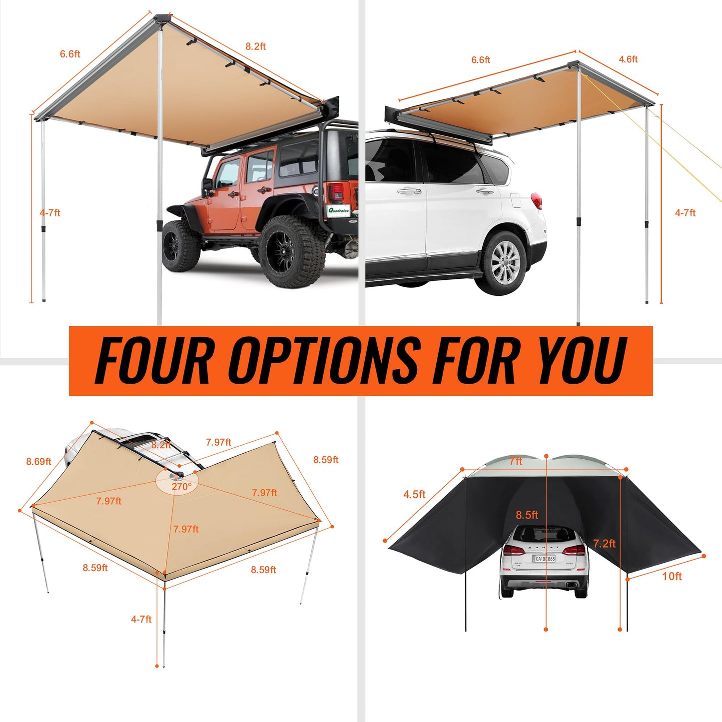 .6' x 6.6' Retractable Vehicle Awning - UV50+, PU3000mm Waterproof for SUV Camping