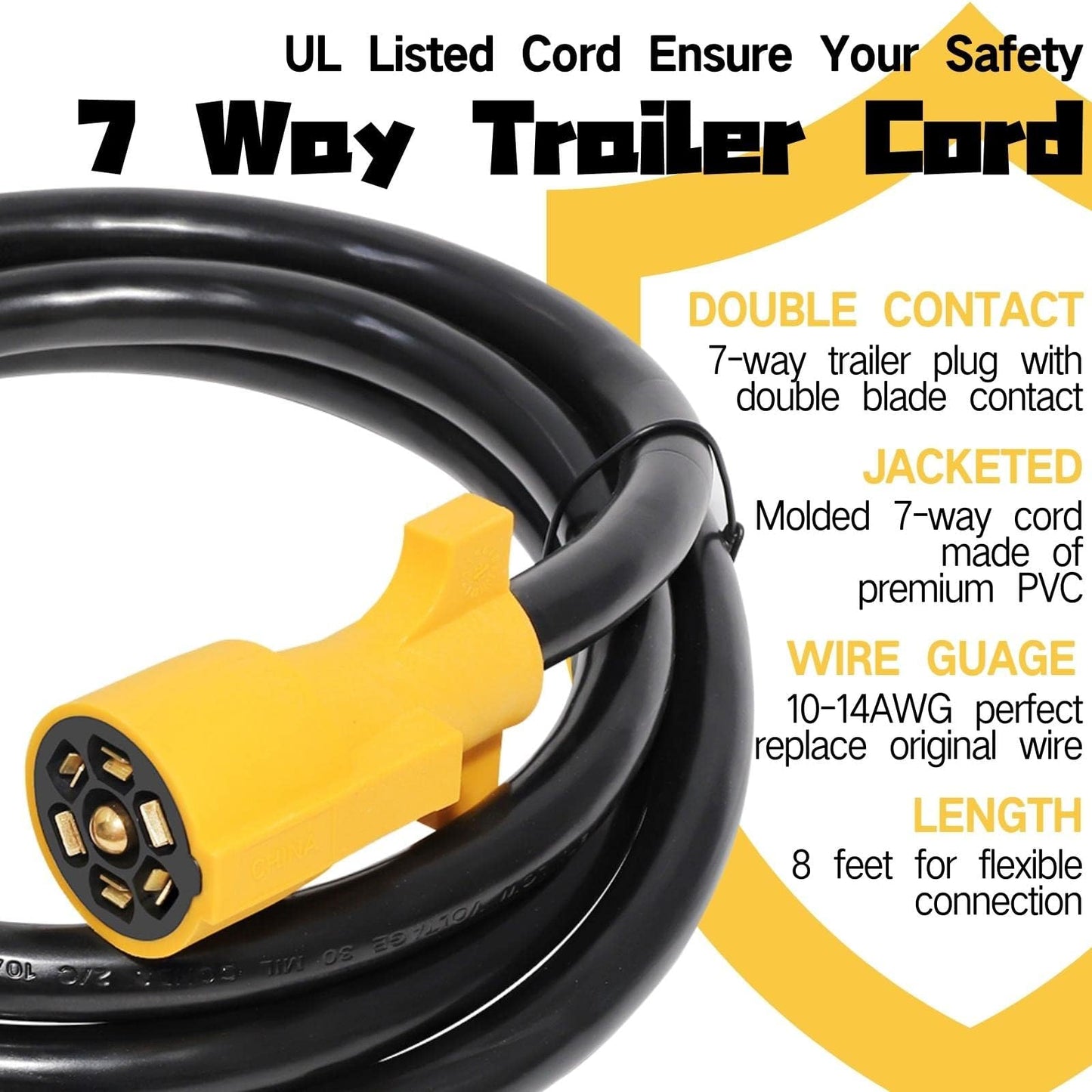 8ft 7-Pin Trailer Plug Cord - Double Prongs, Heavy Duty Pure Copper for RV/Trailer Side Replacement