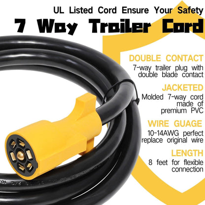 8ft 7-Pin Trailer Plug Cord - Double Prongs, Heavy Duty Pure Copper for RV/Trailer Side Replacement